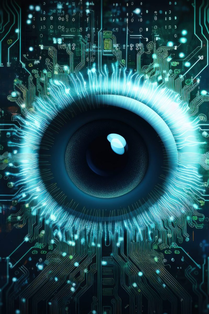 Abstract 3D illustration Symbolic concept of cyber espionage hacking and surveillance in a digital network